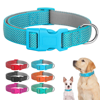Collier bleu pour chien avec autres coloris et deux chiens portant le modèle.