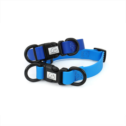 Présentation de deux modèles bleus de collier pour chien en PVC souple.