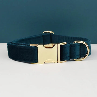 Collier bleu foncé pour chien en velours avec nœud papillon et gravure.