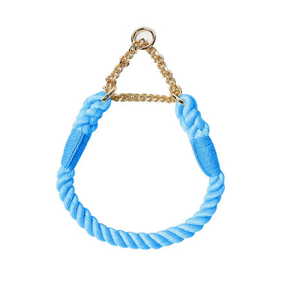 Collier bleu pour chien en corde de coton tressée avec chaîne métallique dorée sur fond blanc.