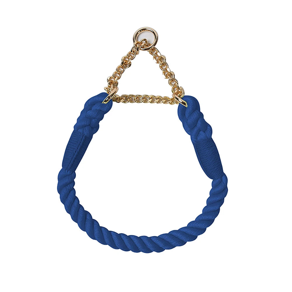 Collier bleu foncé pour chien en corde de coton tressée avec chaîne métallique dorée sur fond blanc.