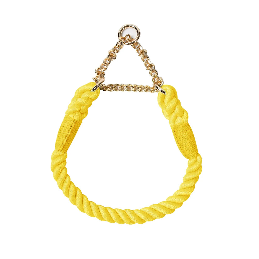 Collier jaune pour chien en corde de coton tressée avec chaîne métallique dorée sur fond blanc.