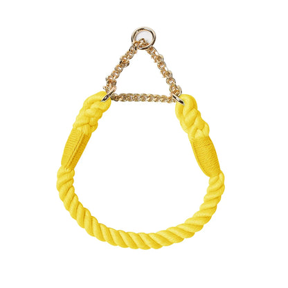 Collier jaune pour chien en corde de coton tressée avec chaîne métallique dorée sur fond blanc.