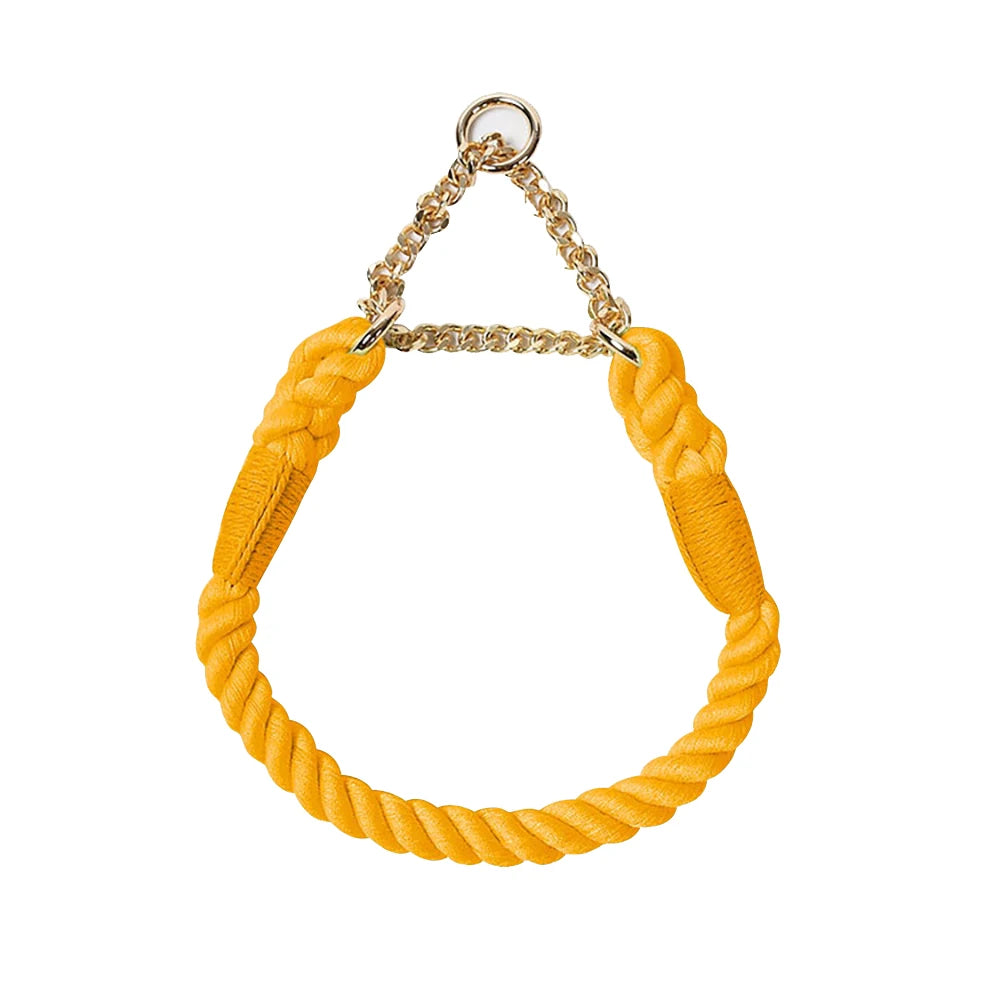 Collier orange pour chien en corde de coton tressée avec chaîne métallique dorée sur fond blanc.