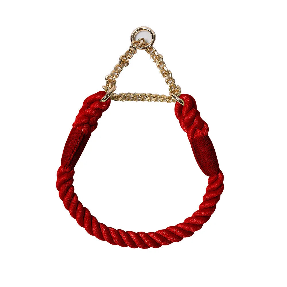 Collier rouge pour chien en corde de coton tressée avec chaîne métallique dorée sur fond blanc.