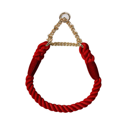 Collier rouge pour chien en corde de coton tressée avec chaîne métallique dorée sur fond blanc.