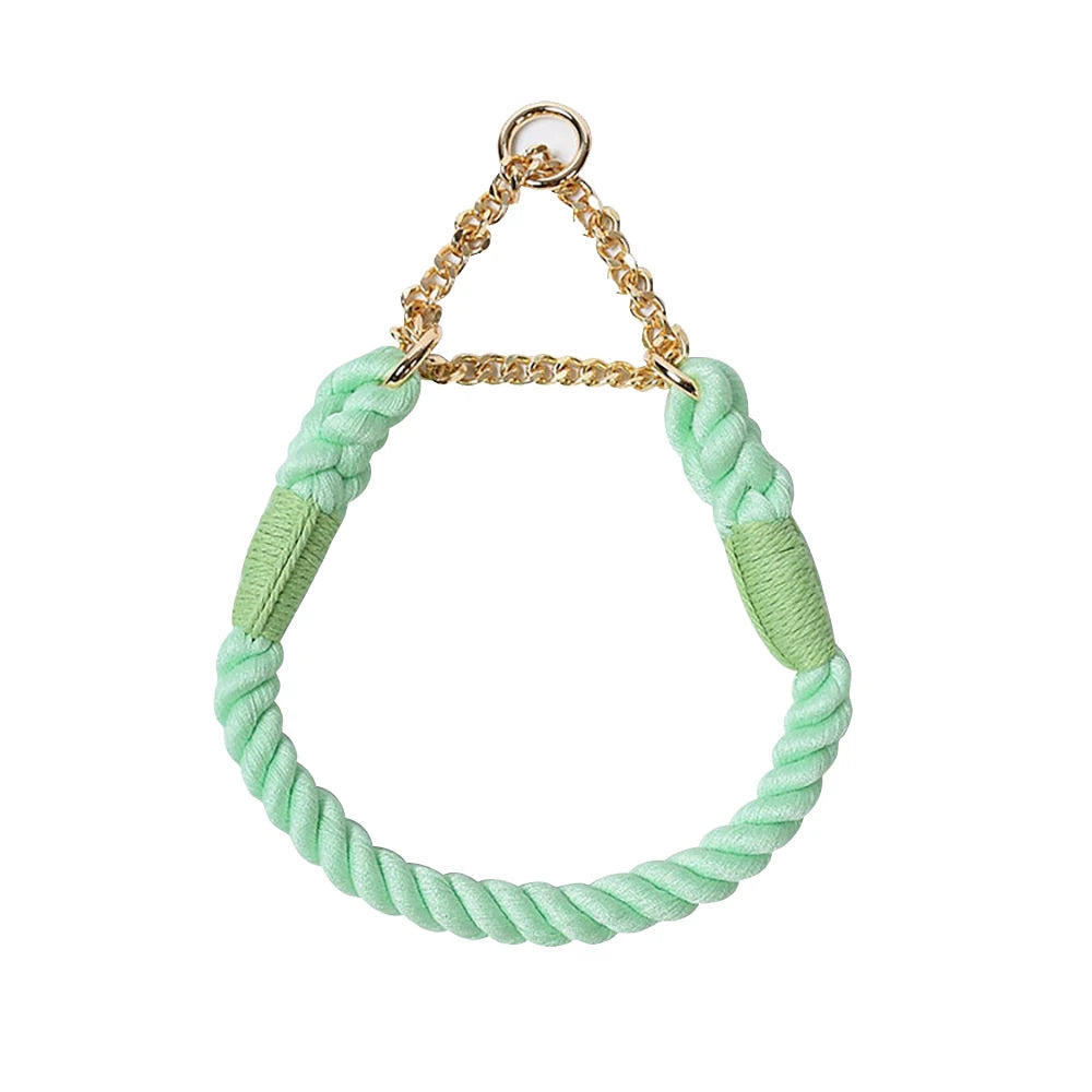 Collier vert menthe pour chien en corde de coton tressée avec chaîne métallique dorée sur fond blanc.