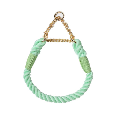 Collier vert menthe pour chien en corde de coton tressée avec chaîne métallique dorée sur fond blanc.