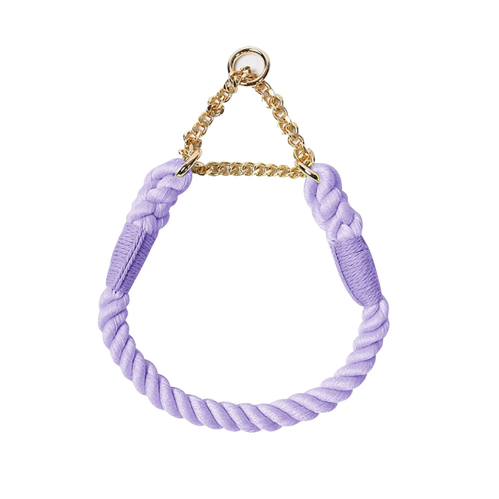 Collier violet pour chien en corde de coton tressée avec chaîne métallique dorée sur fond blanc.