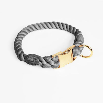 Collier gris pour chien en imitation corde torsadée avec fermoir et anneau dorés sur fond clair.