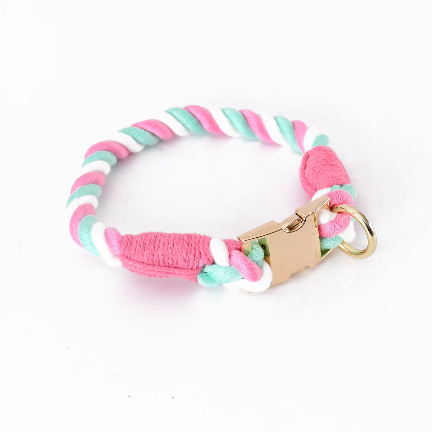 Collier rose fleur de cerisier pour chien en imitation corde torsadée avec fermoir et anneau dorés sur fond clair.