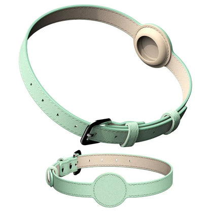 Collier fin en cuir vert pastel pour chien compatible AirTag avec boucle réglable sur fond blanc.