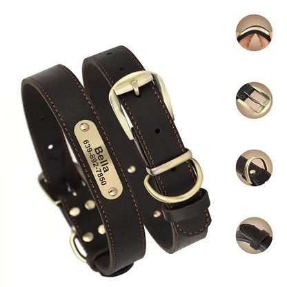 Vue produit d'un collier pour chien en cuir noir avec plaque gravée, boucle réglable et anneau D métallique et ses principales caractéristiques évoquées sur la droite de l'image.