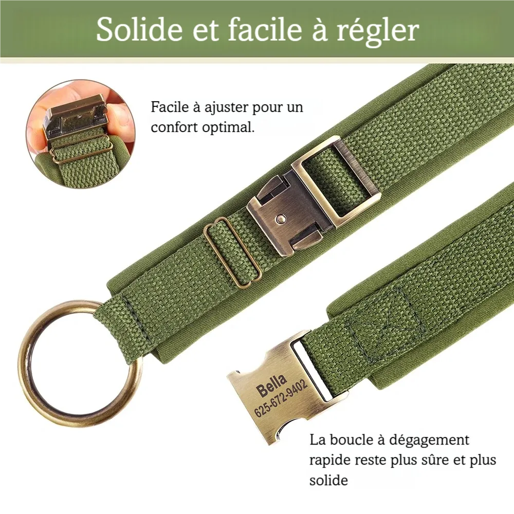 Détail du réglage et de la boucle métal du collier personnalisé pour chien en coloris vert.
