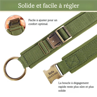 Détail du réglage et de la boucle métal du collier personnalisé pour chien en coloris vert.