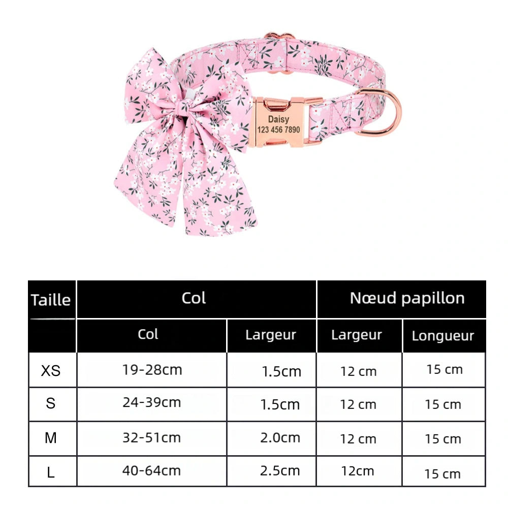 Collier pour chien en nylon à fleurs avec plaque gravée personnalisée, avec nœud papillon et guide de taille
