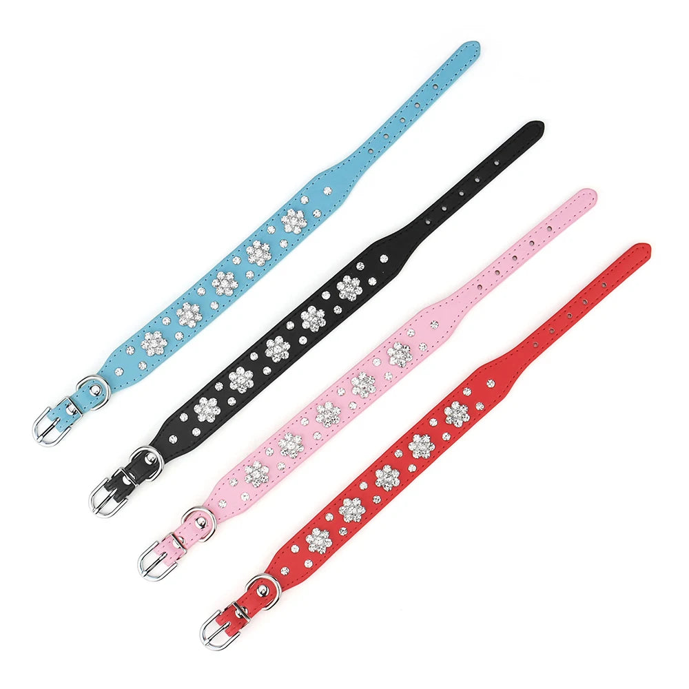 Vue à plat des colliers de luxe pour chien en noir, bleu, rose et rouge avec fleurs en strass.