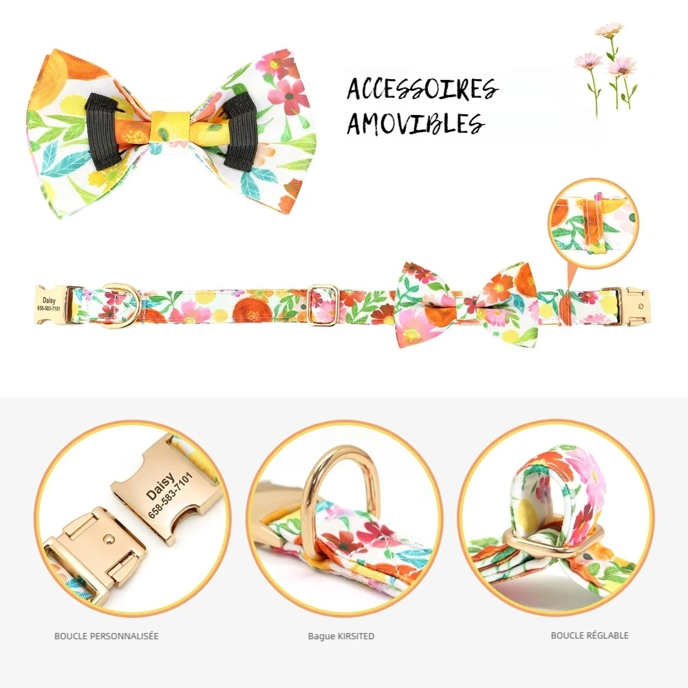 Visuel explicatif d’un collier floral pour chien avec accessoires amovibles, fermoir personnalisé et anneau métallique.