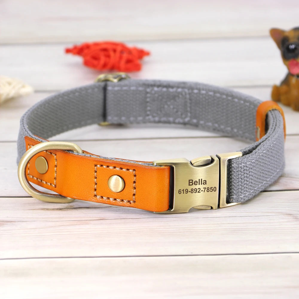Collier gris cuir orange pour chien avec boucle métal gravée personnalisable et en anneau en D présenté sur un fond en bois gris.