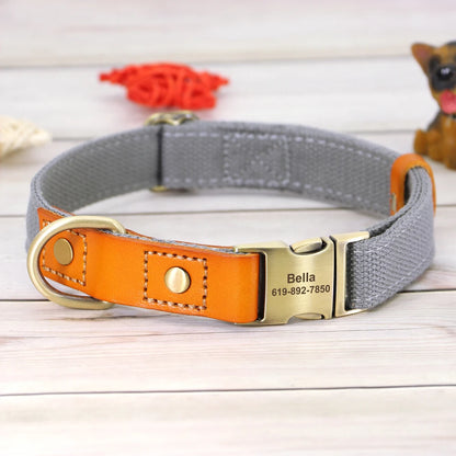 Collier gris cuir orange pour chien avec boucle métal gravée personnalisable et en anneau en D présenté sur un fond en bois gris.