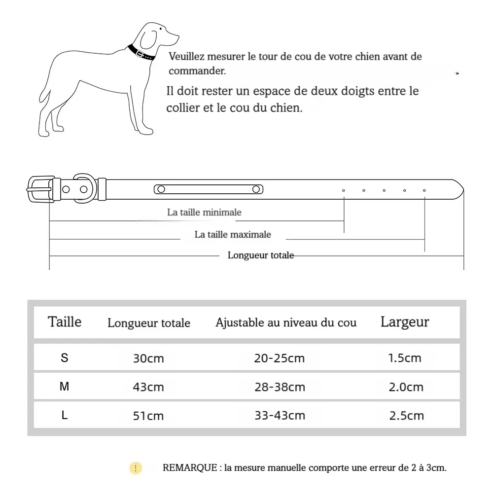 Guide de taille du collier personnalisé pour chien avec mesures du cou.