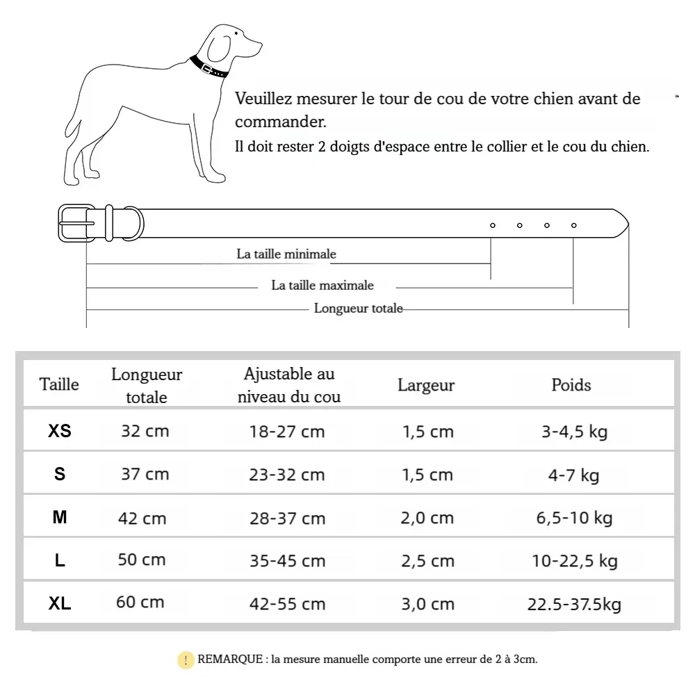 Guide des tailles pour collier en cuir fin pour chien avec tableau des dimensions.