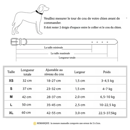 Guide des tailles pour collier en cuir fin pour chien avec tableau des dimensions.