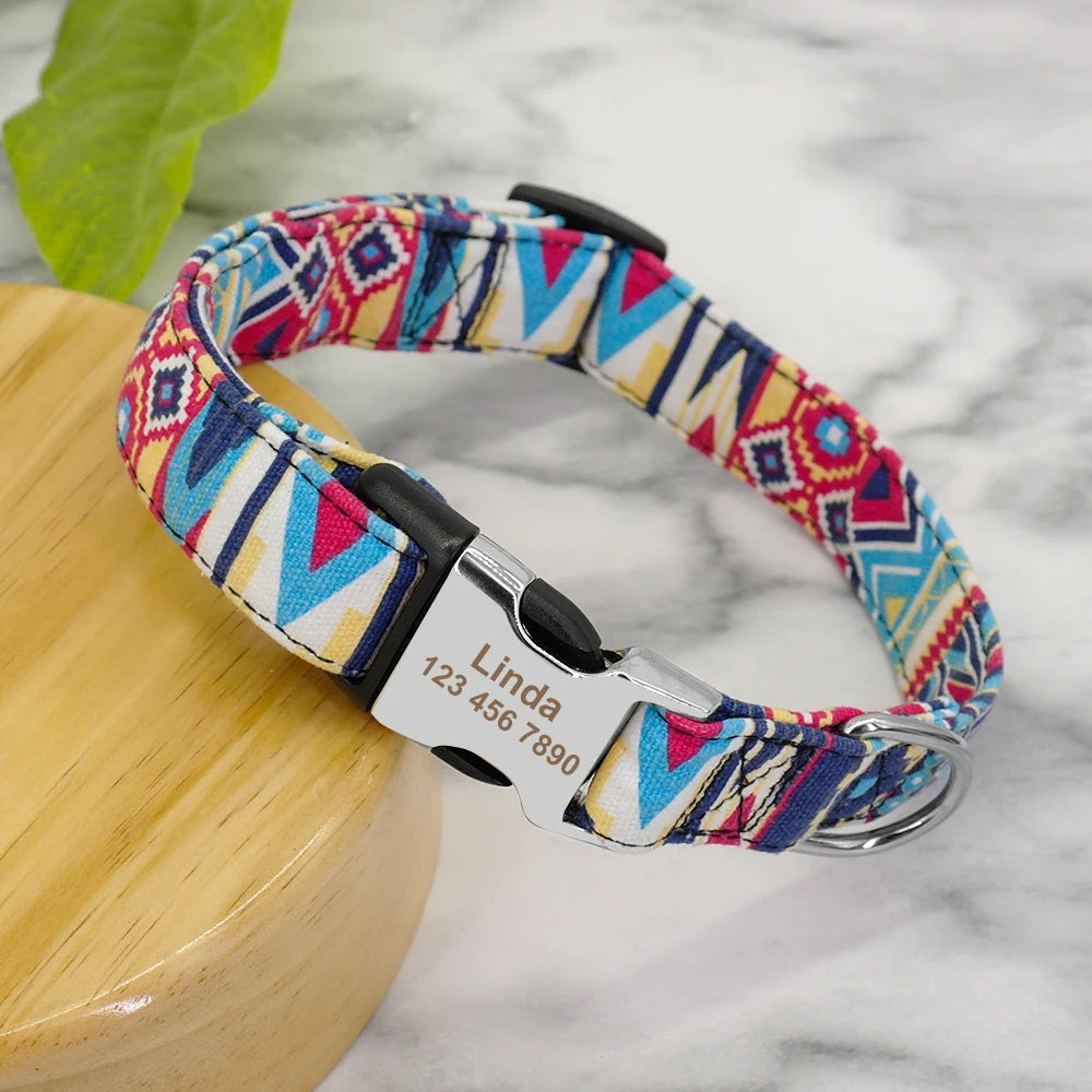 Modèle de collier personnalisé pour chien avec imprimé coloré présenté en mise en scène.