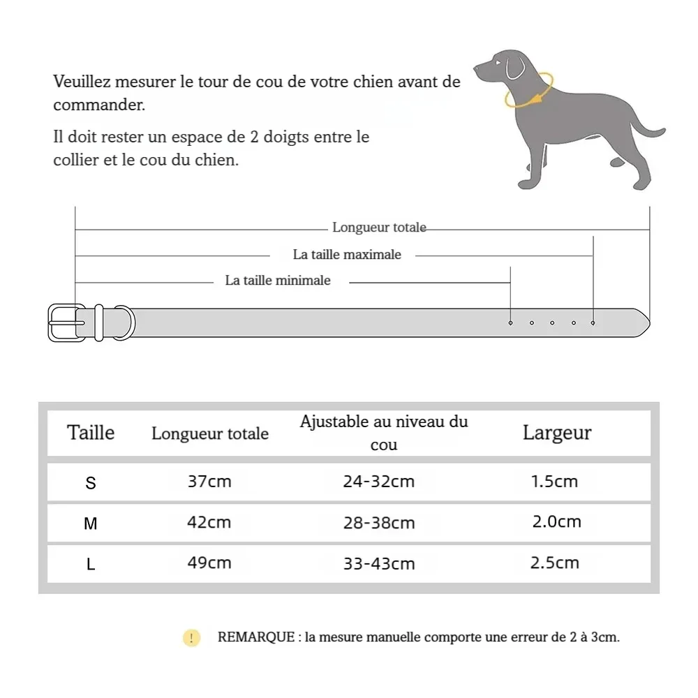 Guide de tailles pour collier chien large rembourré indiquant comment mesurer le tour de cou, avec schéma annoté du collier montrant longueur totale, taille maximale et minimale, et tableau des dimensions S, M et L en pouces et centimètres.