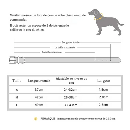 Guide de tailles pour collier chien large rembourré indiquant comment mesurer le tour de cou, avec schéma annoté du collier montrant longueur totale, taille maximale et minimale, et tableau des dimensions S, M et L en pouces et centimètres.