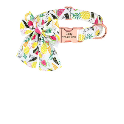 Collier pour chien en nylon à motifs fruits avec plaque gravée personnalisée, avec nœud papillon
