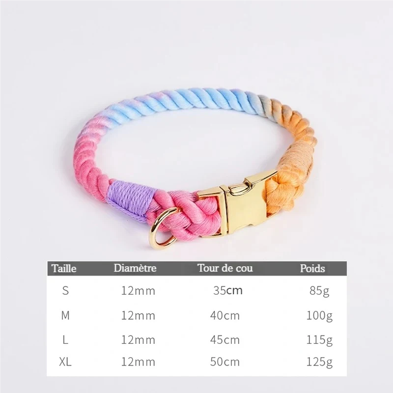 Collier pour chien multicolore avec tableau de tailles en bas de l’image indiquant les tours de cou et poids.