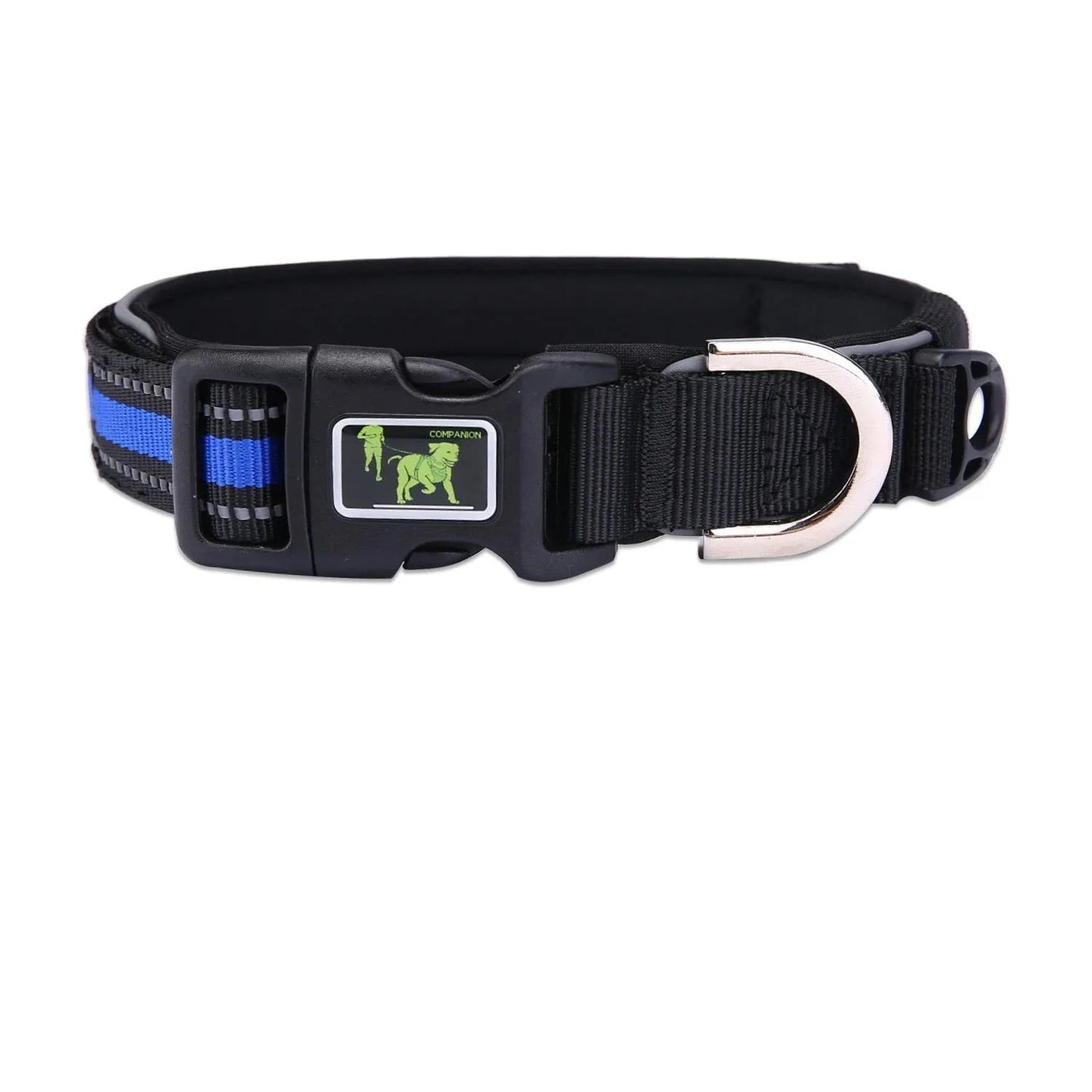 Collier pour chien noir avec bande bleue et tableau des tailles de S à XL indiquant tour de cou et poids. sur fond blanc.