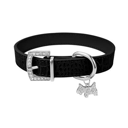 Collier noir pour chien rembourré avec boucle brillante et pendentif chiot décoratif.