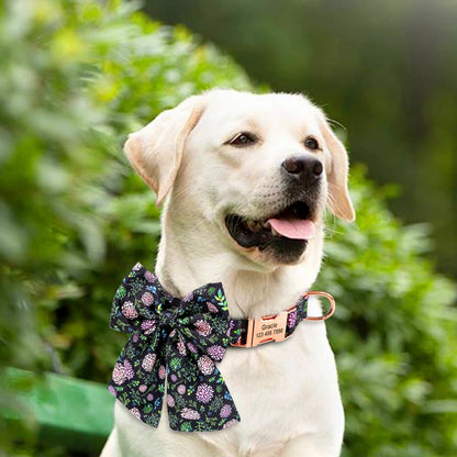 Chien portant un collier noir à motifs floraux avec nœud papillon détachable et plaque gravée