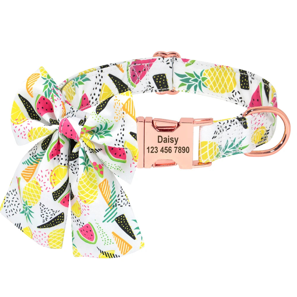 Collier pour chien en nylon à motifs fruits avec plaque gravée personnalisée, avec nœud papillon