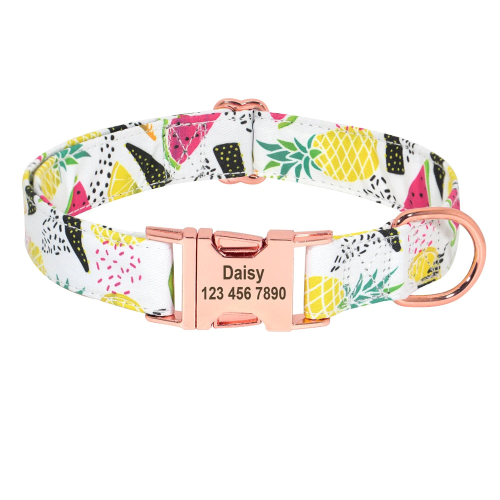 Collier pour chien en nylon à motifs fruits avec plaque gravée personnalisée, sans nœud papillon