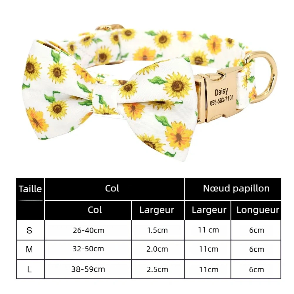 Collier chic pour chien en nylon à motifs tournesols avec nœud papillon détachable, plaque gravée et guide des tailles