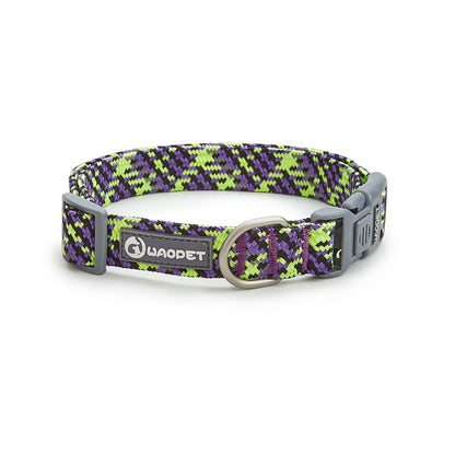 Collier pour chien en nylon tressé violet et vert avec boucle rapide grise et anneau métal sur fond blanc.