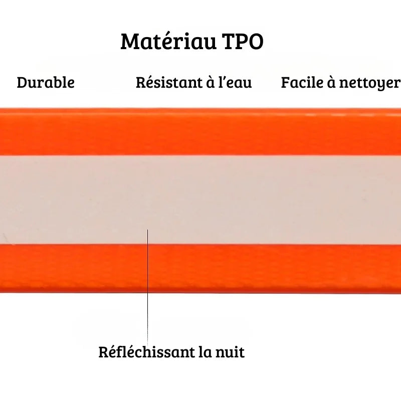 Gros plan sur la matière TPU d’un collier pour chien orange avec film lumineux.