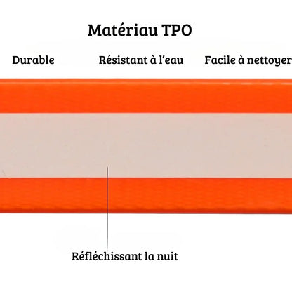 Gros plan sur la matière TPU d’un collier pour chien orange avec film lumineux.