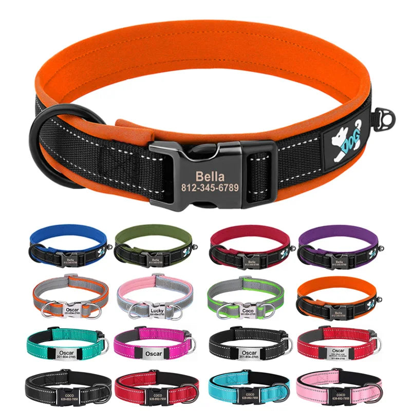 Présentation du collier orange personnalisé pour chien avec plusieurs coloris présentés en dessous.