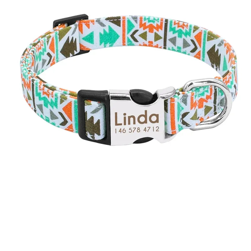 Collier personnalisé pour chien en nylon blanc vert orange avec boucle métal gravée Linda et guide des tailles.