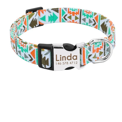Collier personnalisé pour chien en nylon blanc vert orange avec boucle métal gravée Linda et guide des tailles.