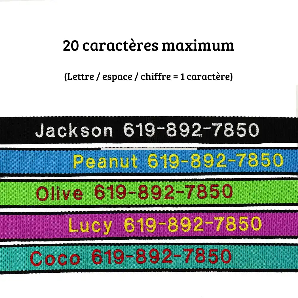 Visuel informatif indiquant qu'une broderie de 20 caractères maximum est possible, espaces, lettres et chiffres comptant chacun pour un caractère, illustré par cinq bandes de collier en coloris noir, bleu, vert, violet et turquoise avec prénoms et numéros brodés.