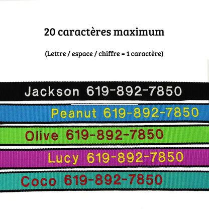 Visuel informatif indiquant qu'une broderie de 20 caractères maximum est possible, espaces, lettres et chiffres comptant chacun pour un caractère, illustré par cinq bandes de collier en coloris noir, bleu, vert, violet et turquoise avec prénoms et numéros brodés.