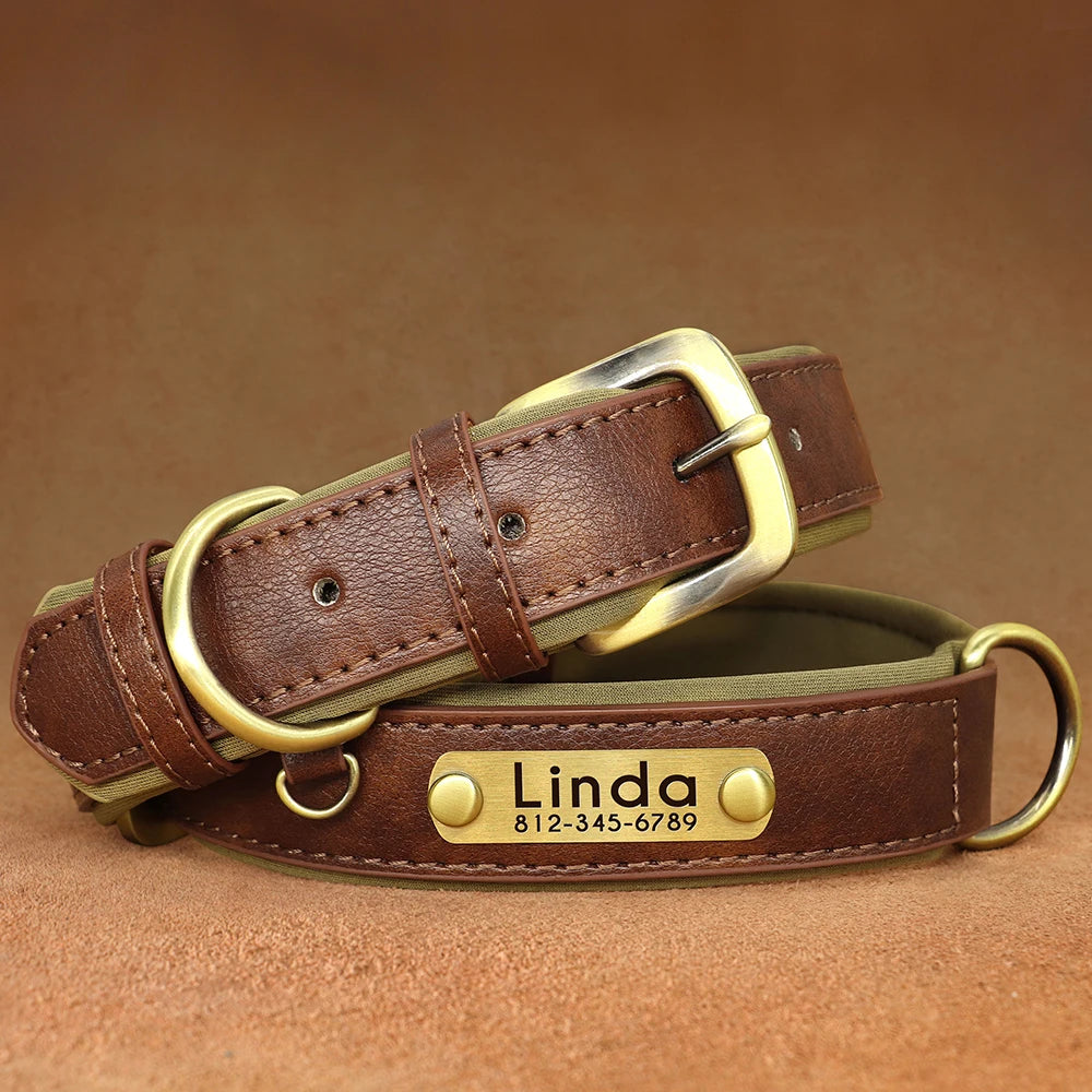 Collier pour chien personnalisé brun présenté à plat avec plaque gravée.