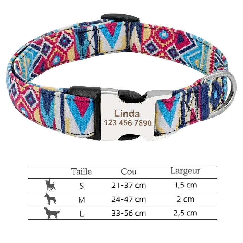 Collier personnalisé pour chien en nylon imprimé coloré avec boucle métal gravée Linda et guide des tailles.