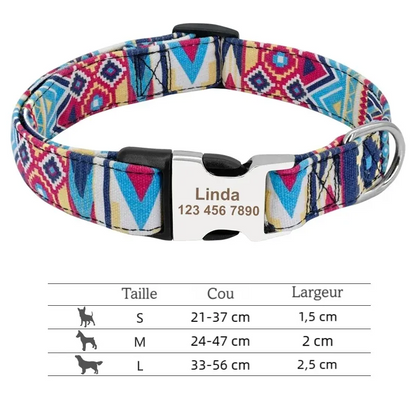 Collier personnalisé pour chien en nylon imprimé coloré avec boucle métal gravée Linda et guide des tailles.