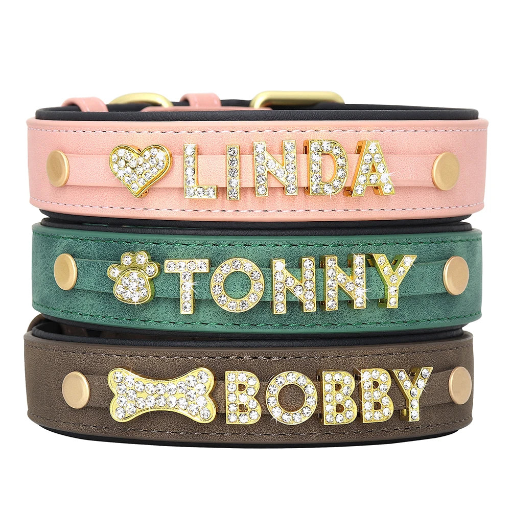 Vue des différents coloris du collier pour chien avec lettres décoratives.